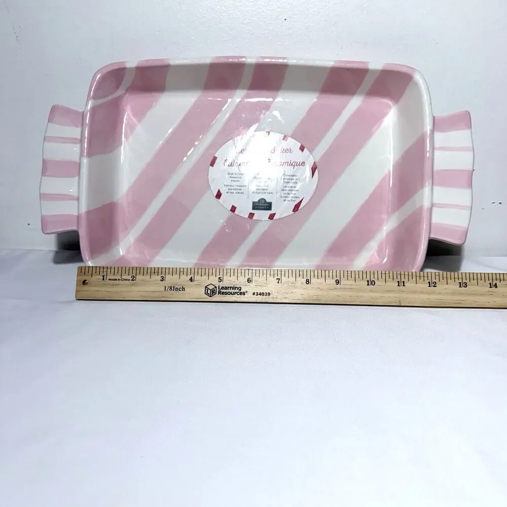 Strawberry Street Pink/White Striped Ceramic Baker Rectangular Baking Dish NEW